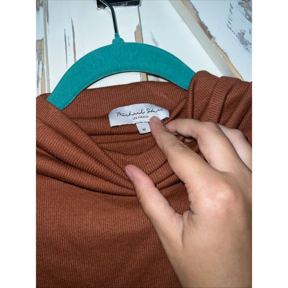 Michael Stars Gia Rib Knit Mock Neck Ruched Mid Legnth Dress M Cap Sleeve Rust - Picture 6 of 11